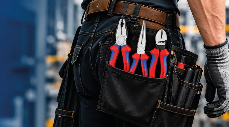 Profesional con alicates KNIPEX en el cinturón portaherramientas
